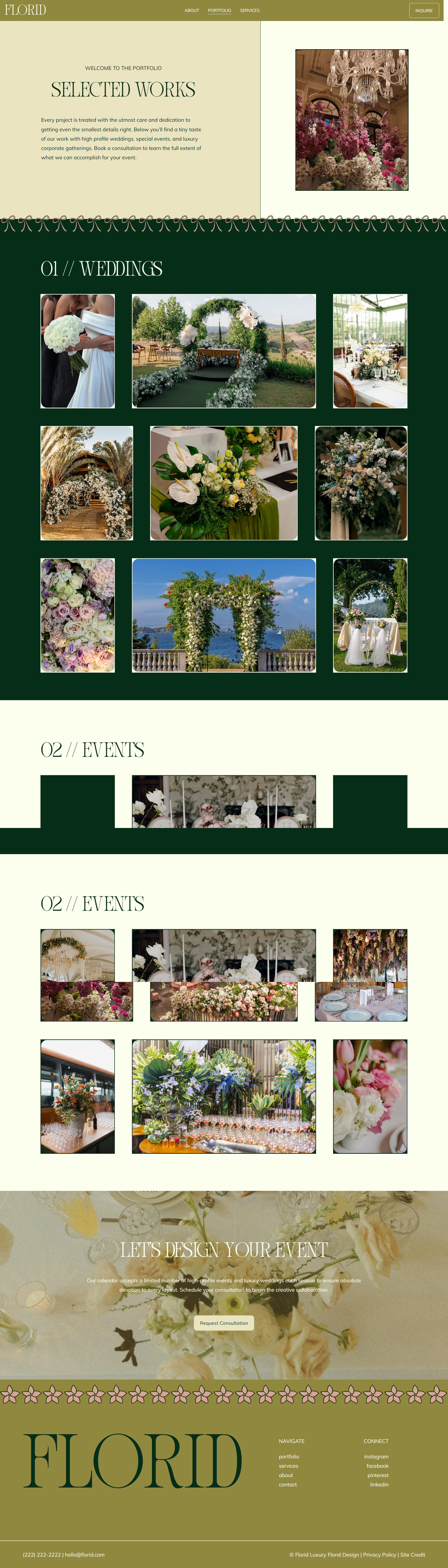 A minimal florist portfolio page with an intro section titled "Selected Works" with a simple slideshow to the right and below is a section featuring their weddings.