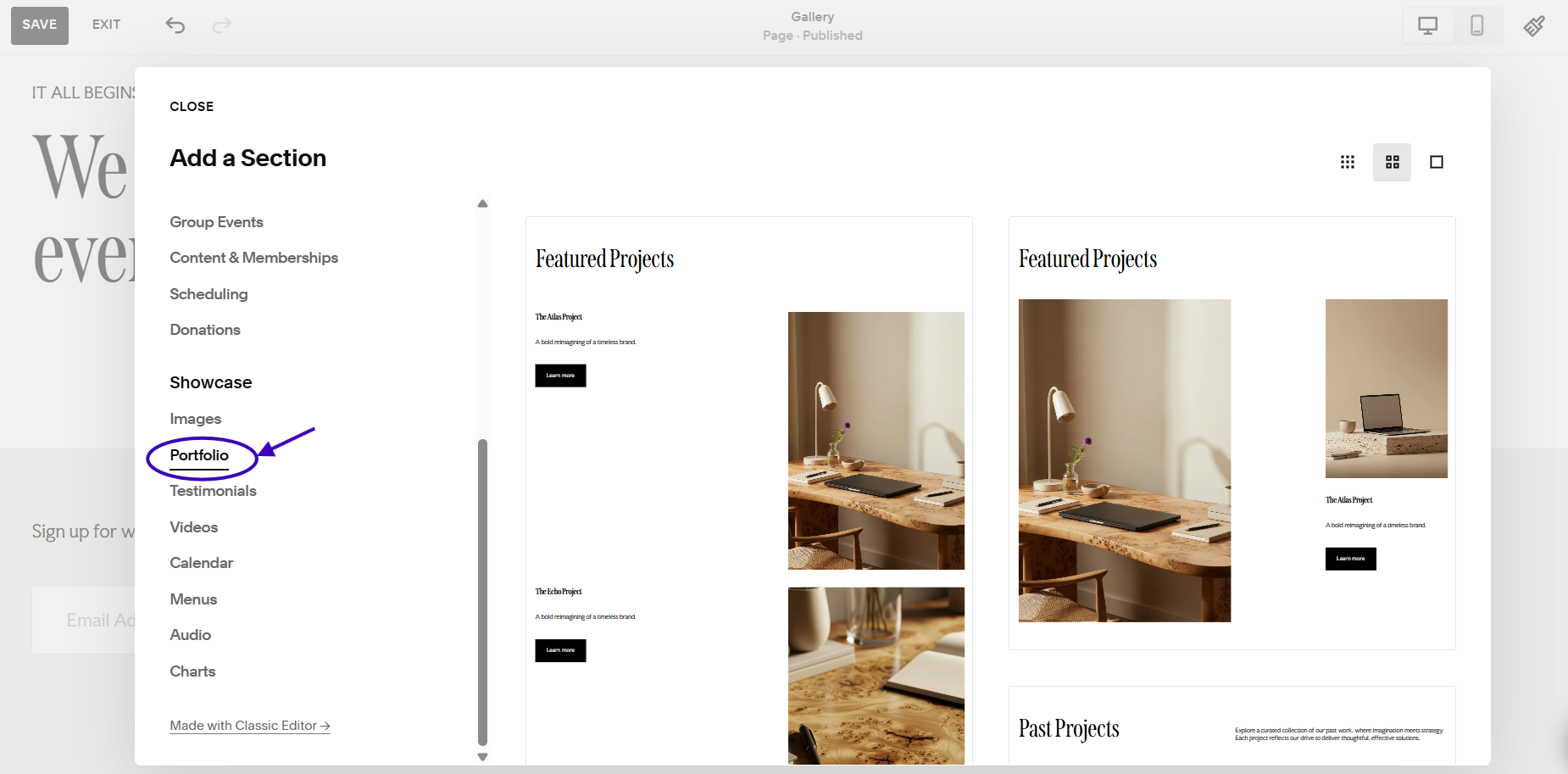 A screenshot showing where to find the Portfolio section button in the Add a Section interface of Squarespace.