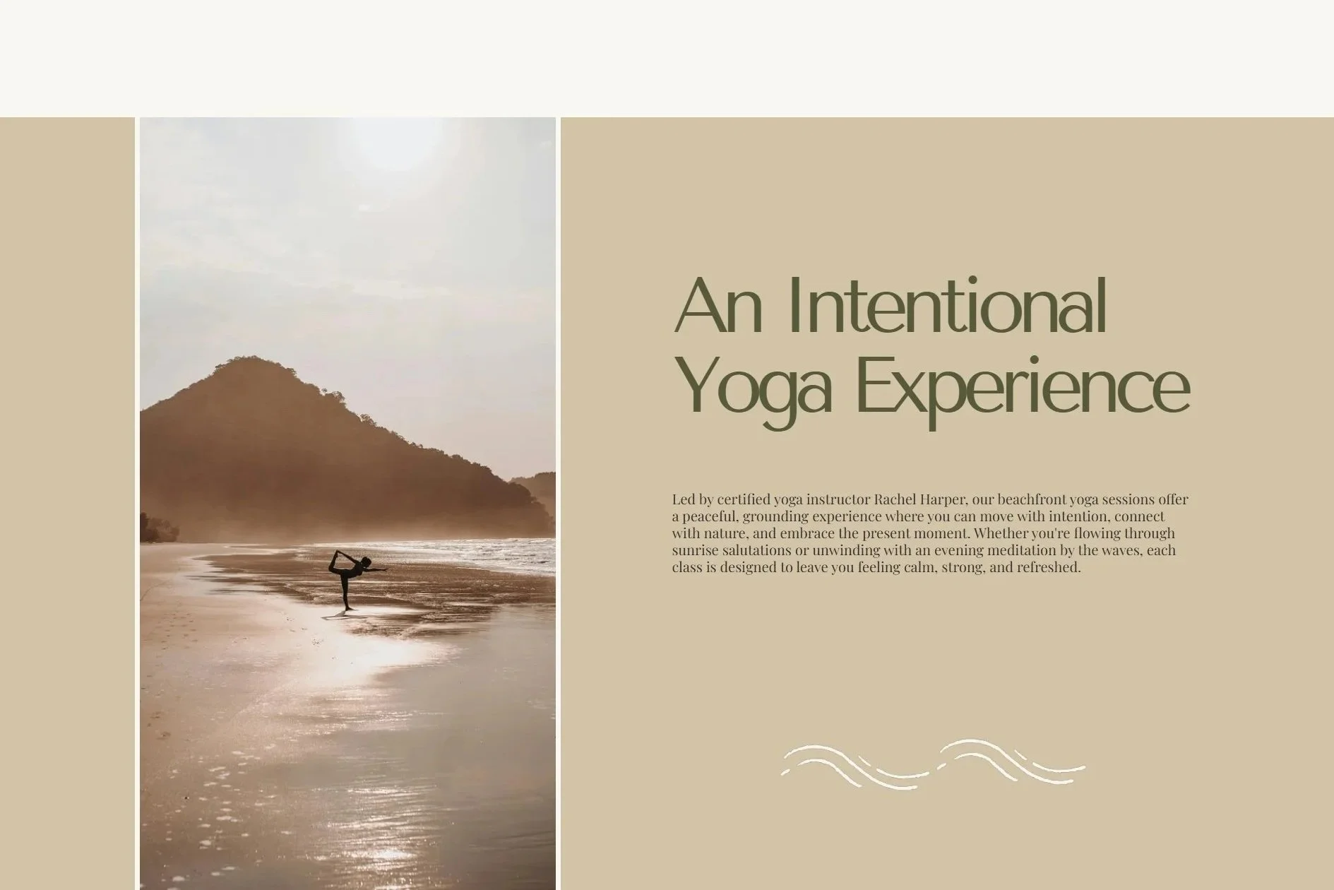 Website experience section titled "An Intentional Yoga Experience" with a short paragraph underneath. On the left there's a photo of a silhouette of a woman holding a yoga pose on the beach with a mountain in the background.