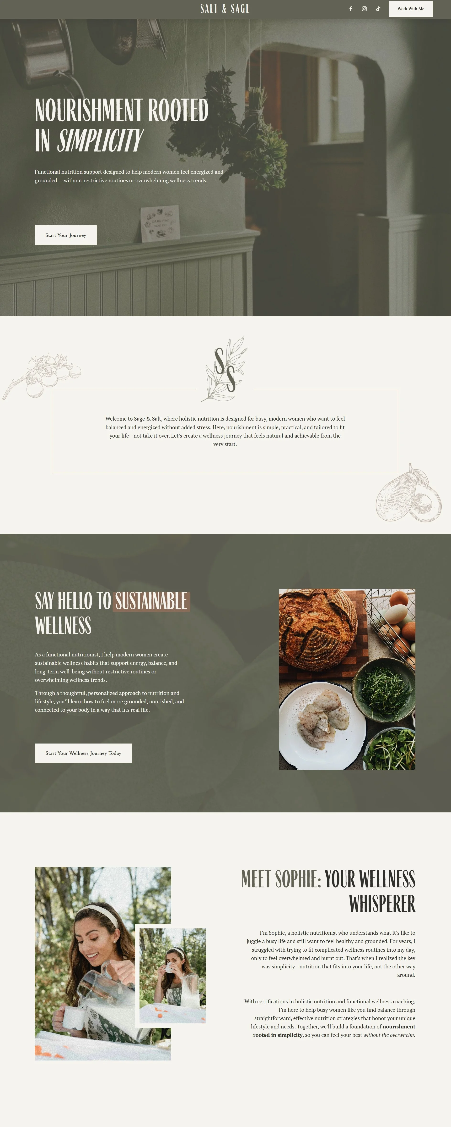 The first few sections of a one page website for a holistic nutritionist, featuring a hero section with call-to-action, two sections explaining the philosophy of the business, and an about the owner section. The design and colors are earthy and boho.