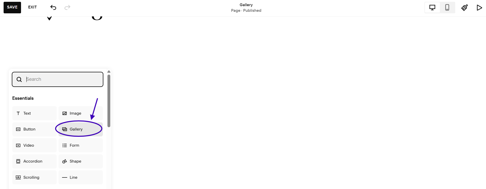 A screenshot showing how to add a gallery block (instead of a gallery section) in Squarespace.