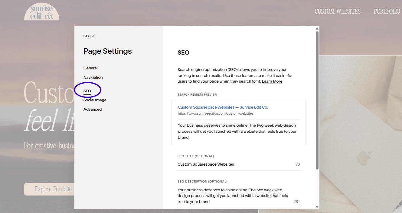 Screenshot showing where to find SEO settings to edit SEO title and description in Squarespace interface.