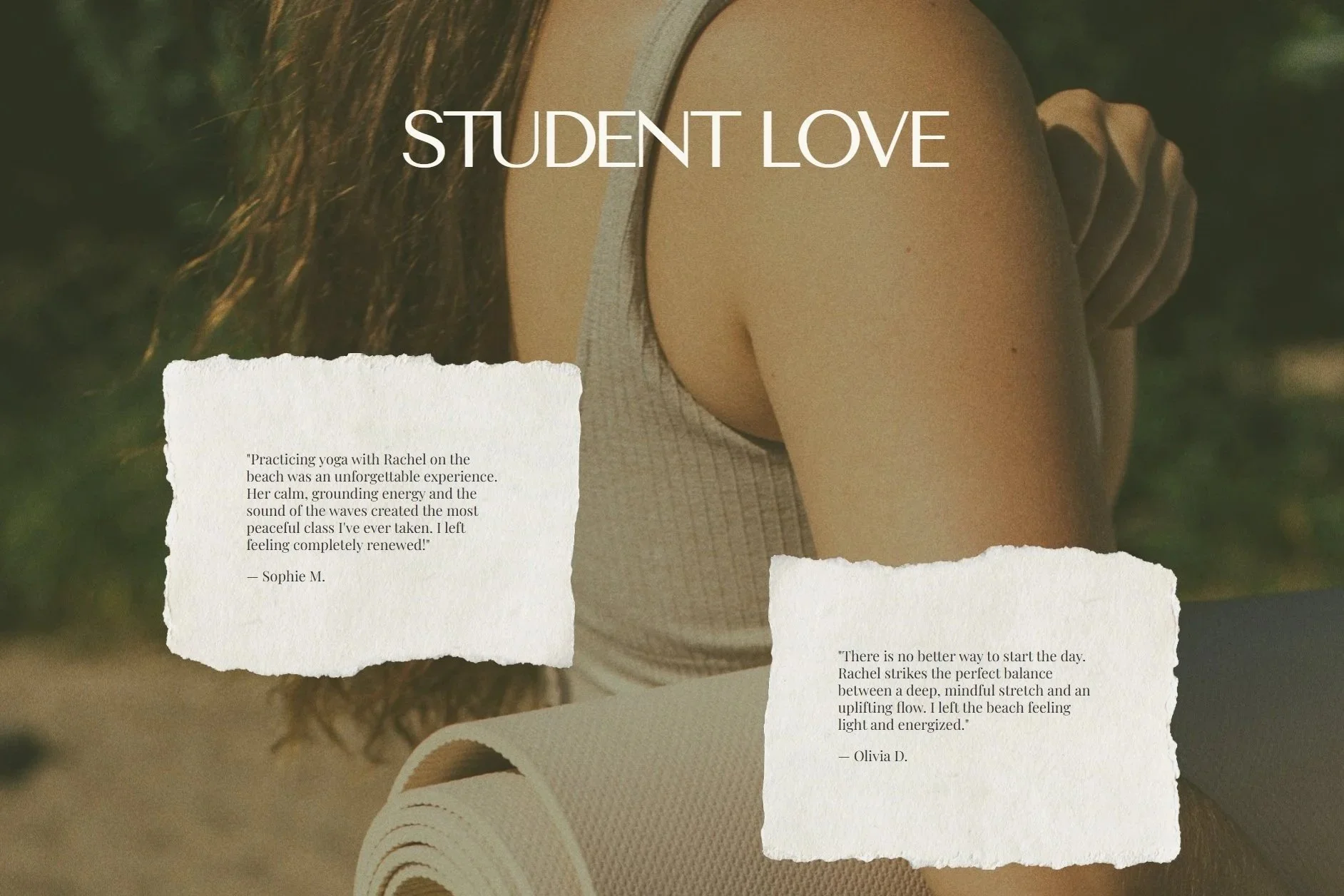 Testimonial section of home page with torn pieces of paper on a photo background of a woman carrying a yoga mat on the beach.