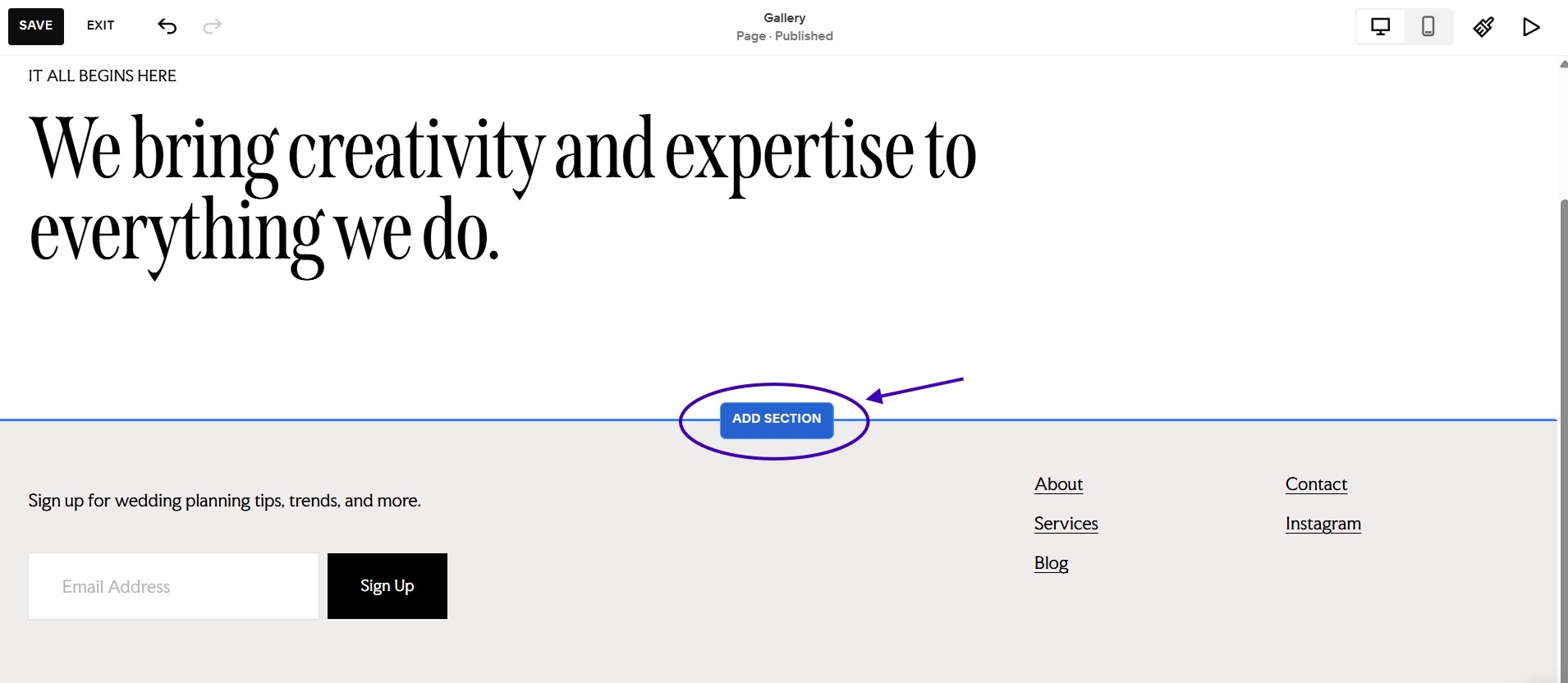 A screenshot showing where to find the Add Section button in Squarespace.