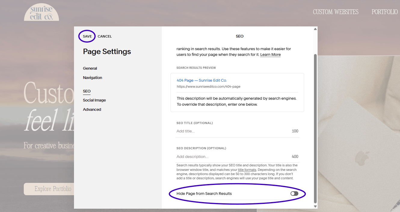 Screenshot showing how to hide page from SEO and search results in Page Settings in Squarespace.