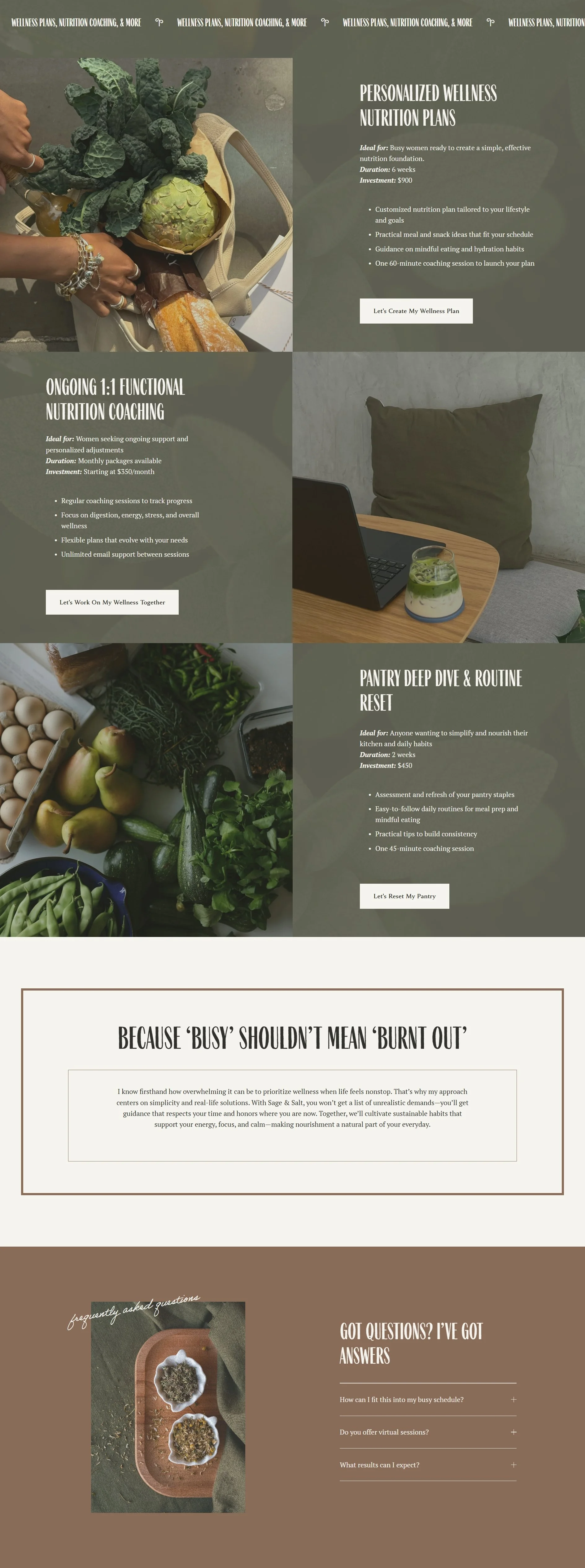 A functional nutritionist website featuring a 3-tier service breakdown, a "why you should work with me" section, and FAQs section.