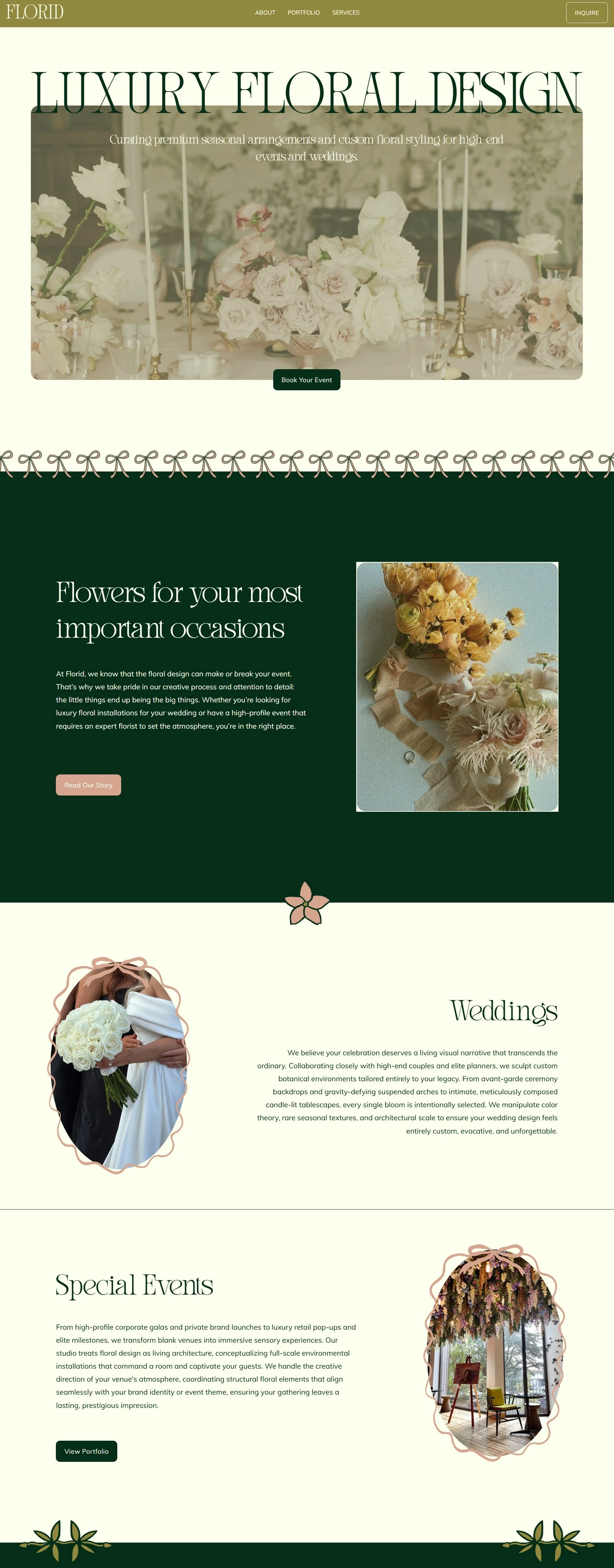 Home page and hero section of a luxury wedding and event florist website called "Florid".