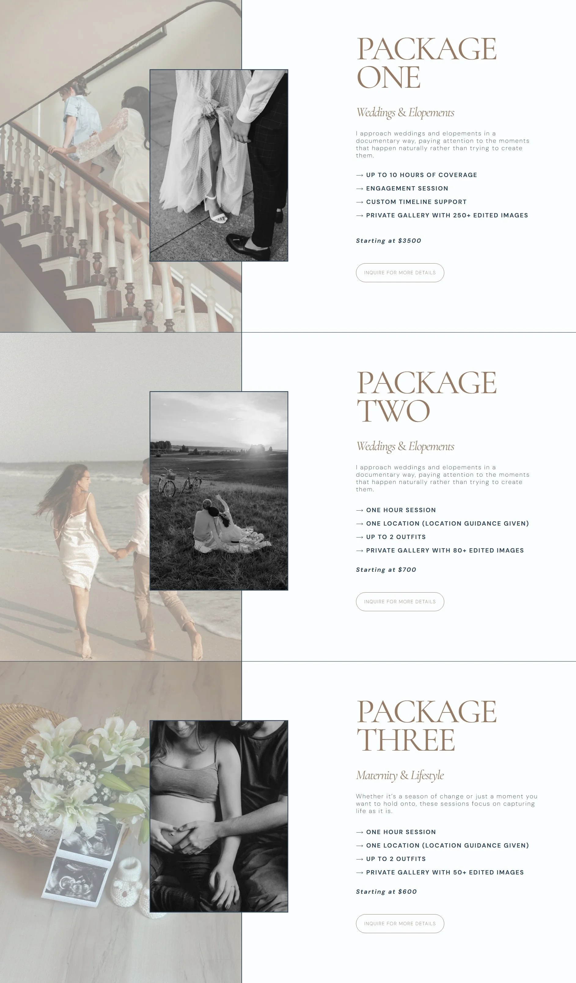 Services page featuring different package options for a luxury wedding photography website called "Preserved Moment Photography".
