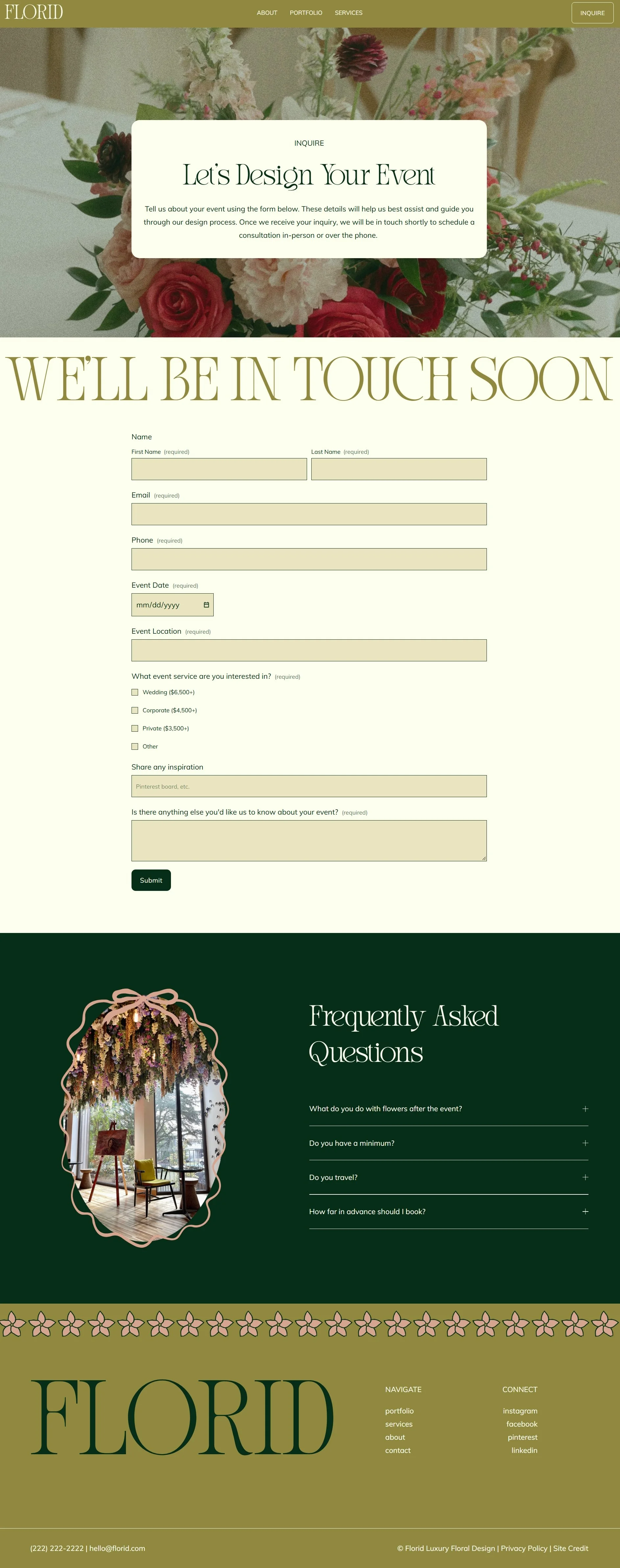 A wedding florist contact page featuring an intro section and a detailed form for potential clients to fill out.