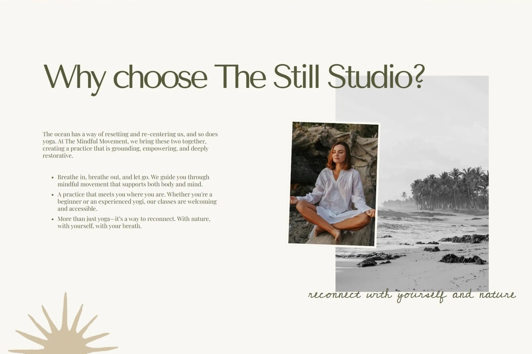 A "why" section on yoga studio website, featuring a white background, a black and white tropical beach photo with a photo of a woman meditating on top, and a sun illustration peeking out of the bottom left corner.