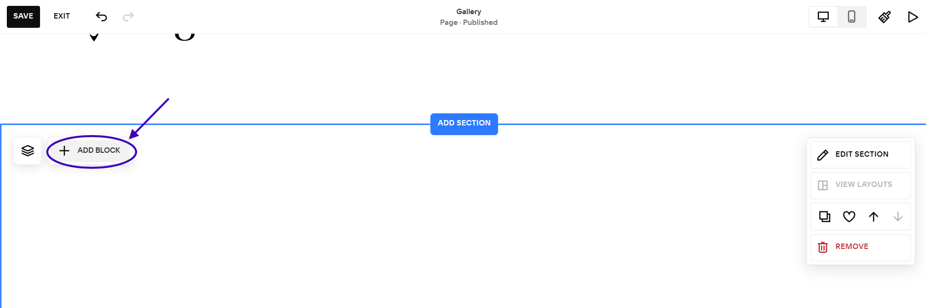 A screenshot showing how to add a new block to an existing section in Squarespace.