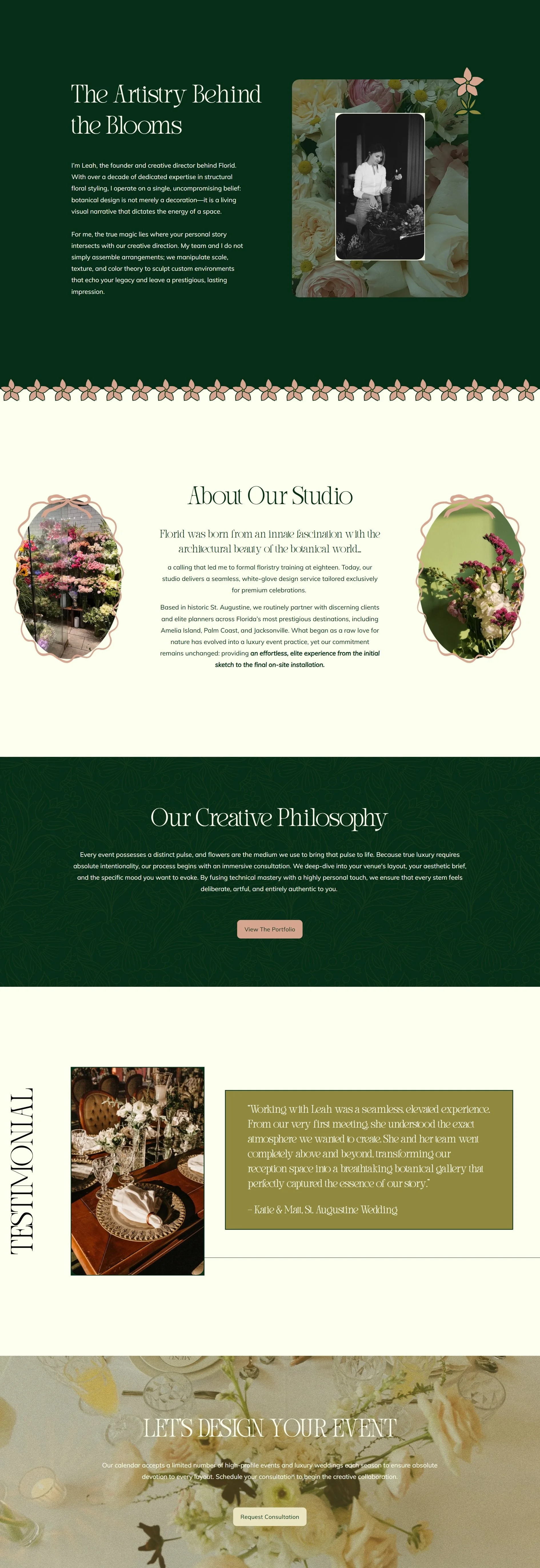 A fun, dark green and cream florist about page featuring a meet the owner section, about the studio section, and creative philosophy section.