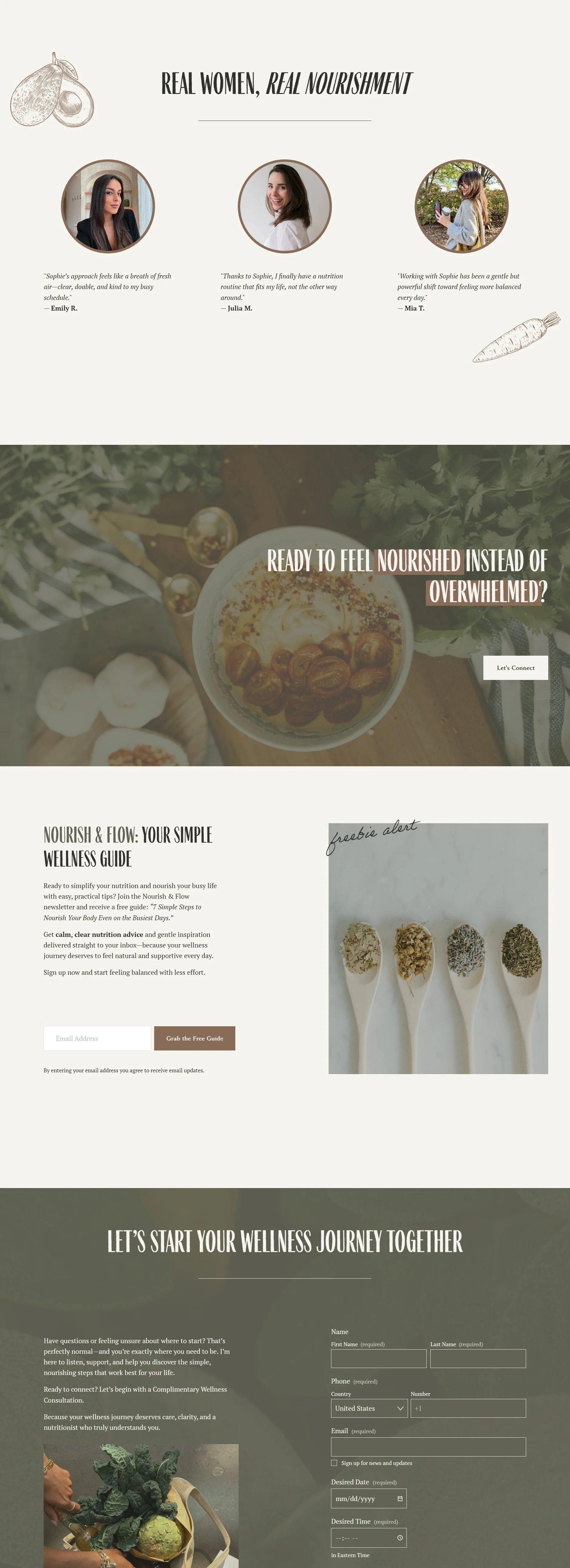 A nutritionist website featuring a testimonial section from three real women and a main call to action section that says "Ready to feel nourished instead of overwhelmed?".