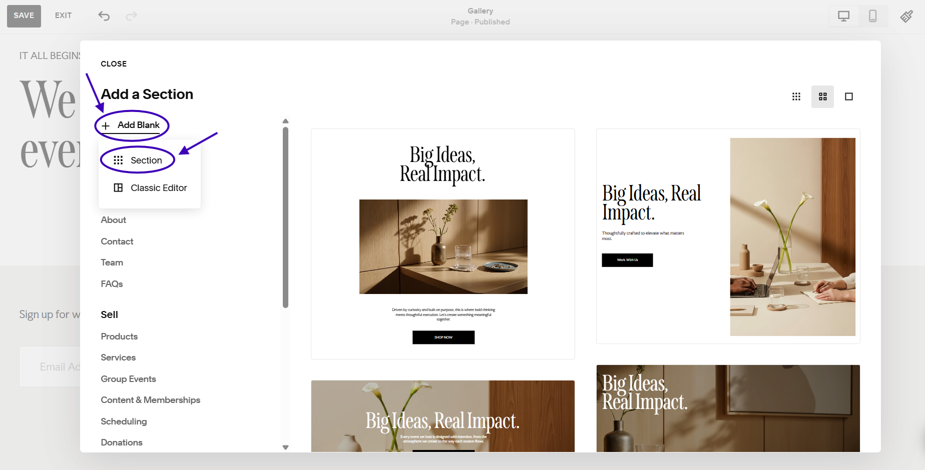 A screenshot showing how to add a blank section in Squarespace.
