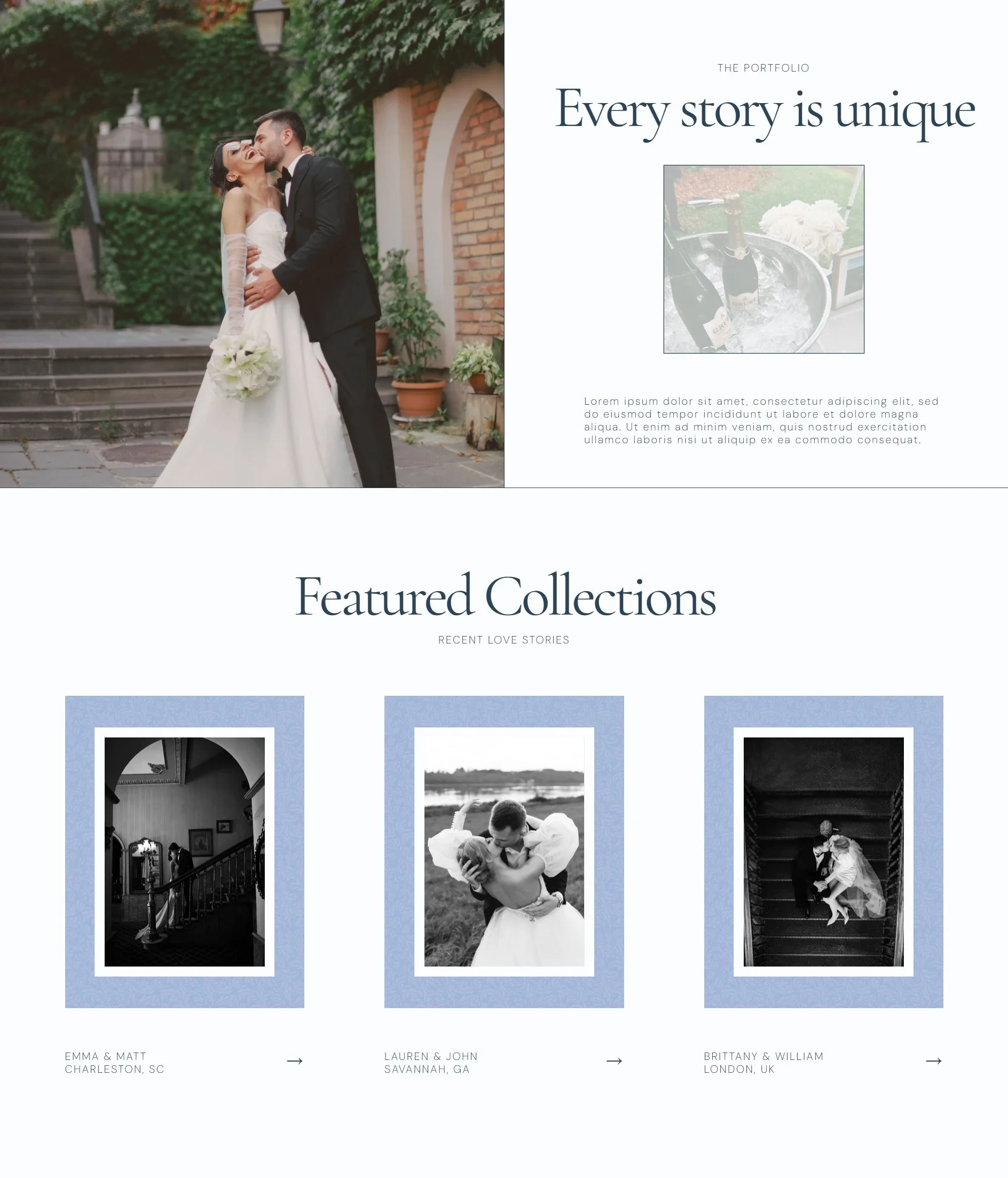 Portfolio page of a luxury wedding photography website called "Preserved Moment Photography".