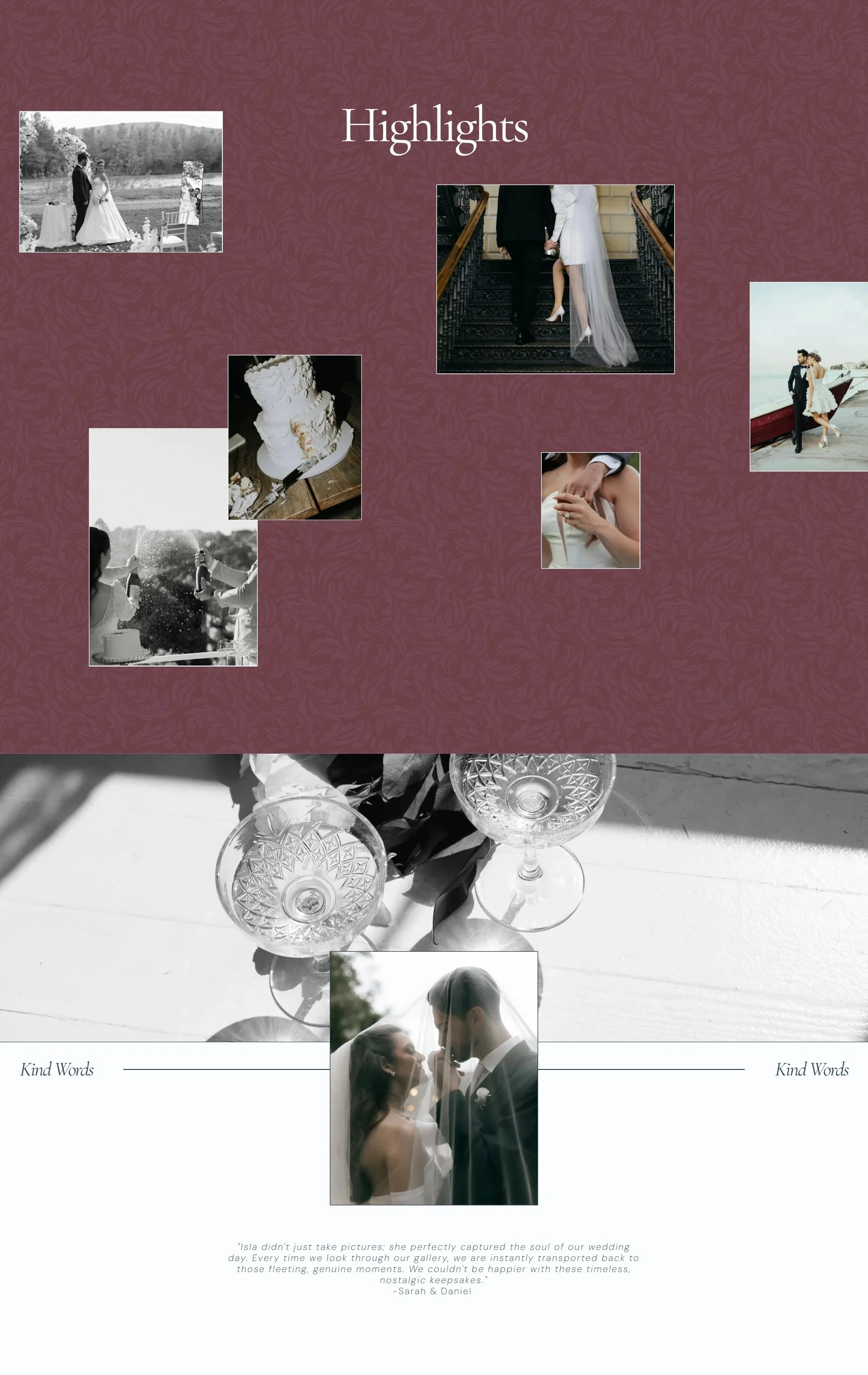 Portfolio page featuring gallery highlights and a client testimonial for a luxury wedding photography website called "Preserved Moment Photography".