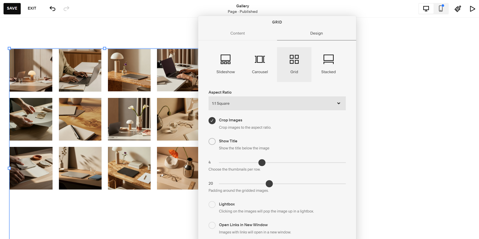 A screenshot showing how to edit the layout of a gallery block in Squarespace.
