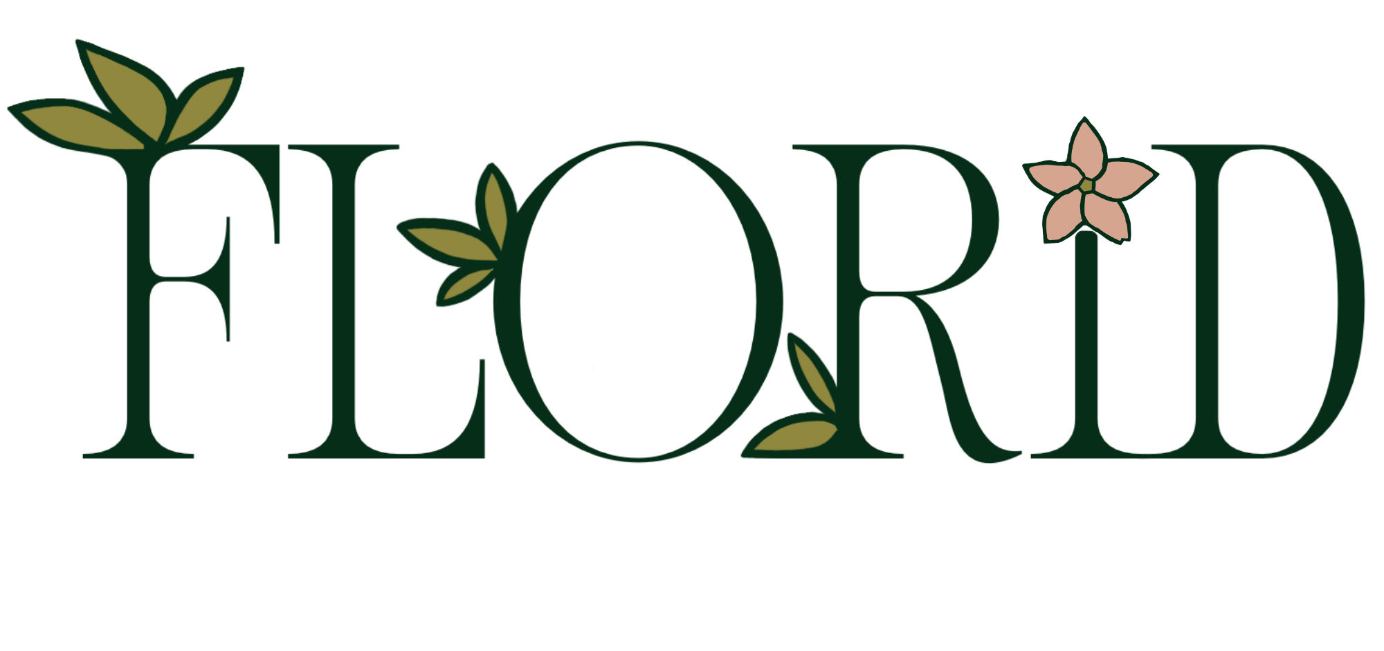An all-caps editorial serif font spelling "FLORID" with hand-drawn leaves coming off the letters and a flower on the i.