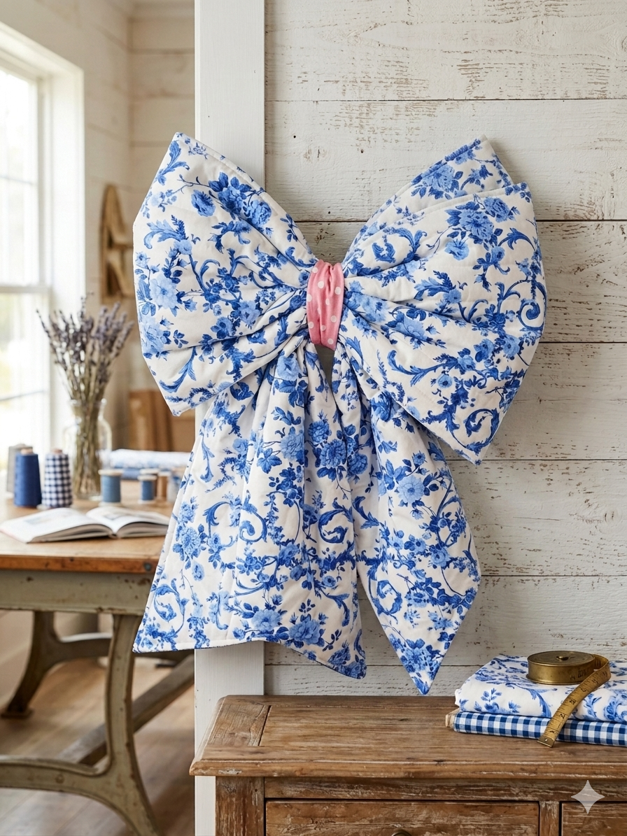 Blue & White Florals Large Bow