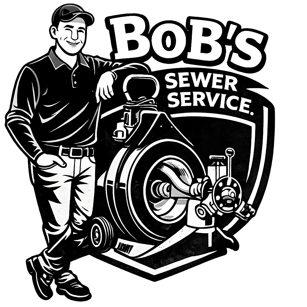 Logo for Bob's Sewer Service featuring a smiling man leaning on a large sewer pipe with a wrench attachment, with bold text reading 'BOB'S Sewer Service'.