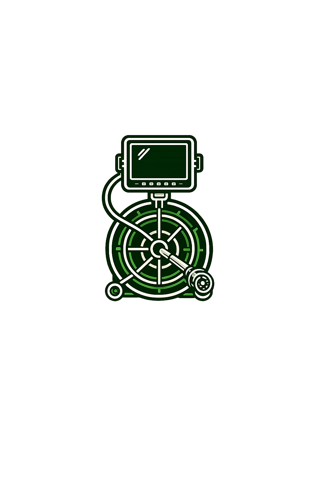 Close-up of a computer monitor attached to a robotic device with a circular base and robotic arms, depicted in green and black outline style.