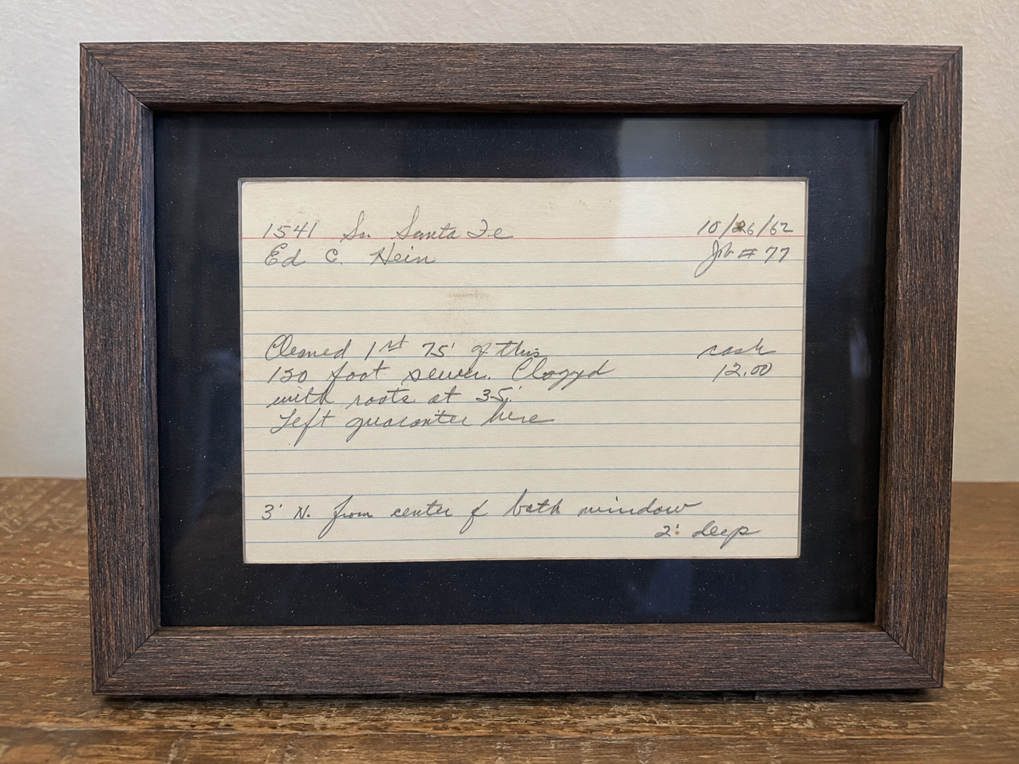 The first receipt written for Bob's Sewer Service in 1962.