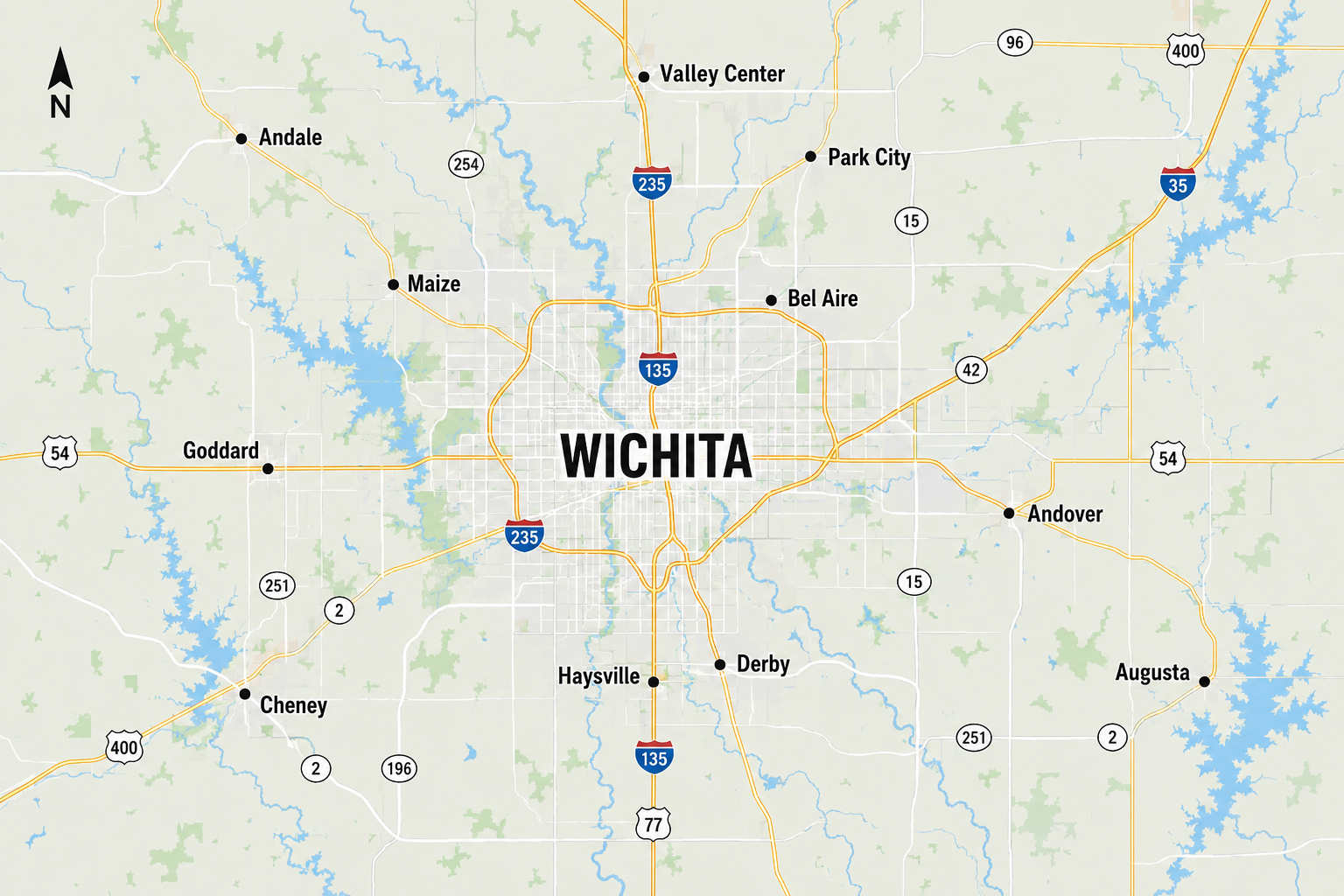 Map of Wichita, Kansas, and surrounding cities including Andale, Maize, Valley Center, Park City, Bel Aire, Goddard, Cheney, Haysville, Derby, Andover, and Augusta. Major highways and water bodies are also visible.