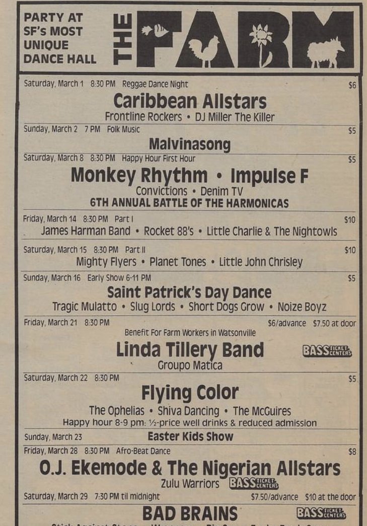 Event flyer for a dance hall in San Francisco with various scheduled performances and events in early March, including reggae, folk, rock, country, and Afro-beat music, as well as special holiday dances and a charity benefit.