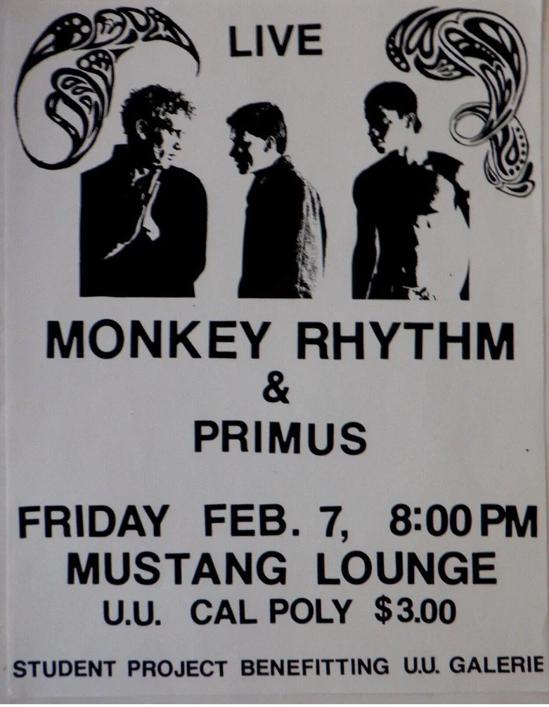 Black and white poster advertising a live music event featuring Monkey Rhythm and Primus on Friday, February 7th at 8:00 PM at Mustang Lounge, supporting a student project for U.C. Cal Poly, with images of three band members and decorative tribal-sty