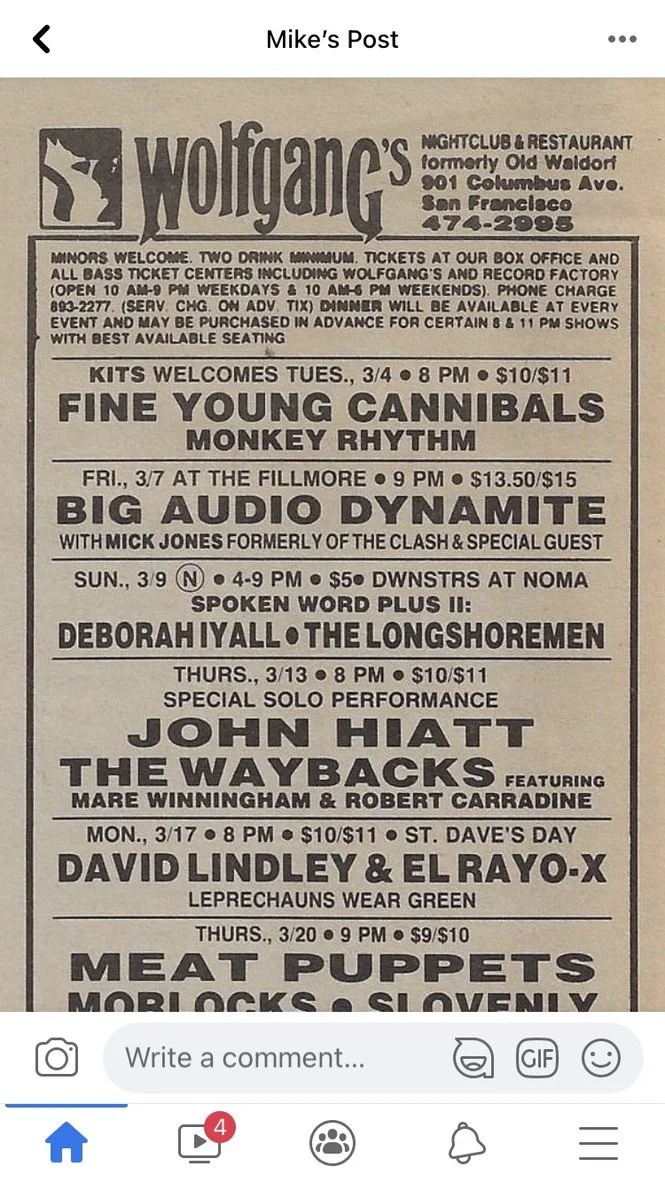 A newspaper-style poster listing weekly live music events at Wolfgang's nightclub and restaurant, with dates, times, and performers including Fine Young Cannibals, Big Audio Dynamite, Deborah Iyall & The Longshoremen, John Hiatt, David Lindley & El R