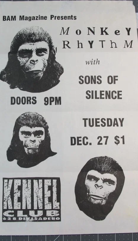 A black-and-white flyer for a Monkey Rhythm concert featuring Sons of Silence. The event is on Tuesday, December 27, with doors opening at 9 PM, and the ticket price is $1. The flyer includes images of three monkeys and text mentioning BAM Magazine a