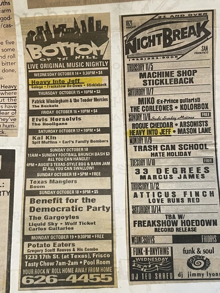 A newspaper advertisement listing local music events, including bands and performers scheduled from October 14 to October 19, with details about the venues, dates, times, and special notes for each event.
