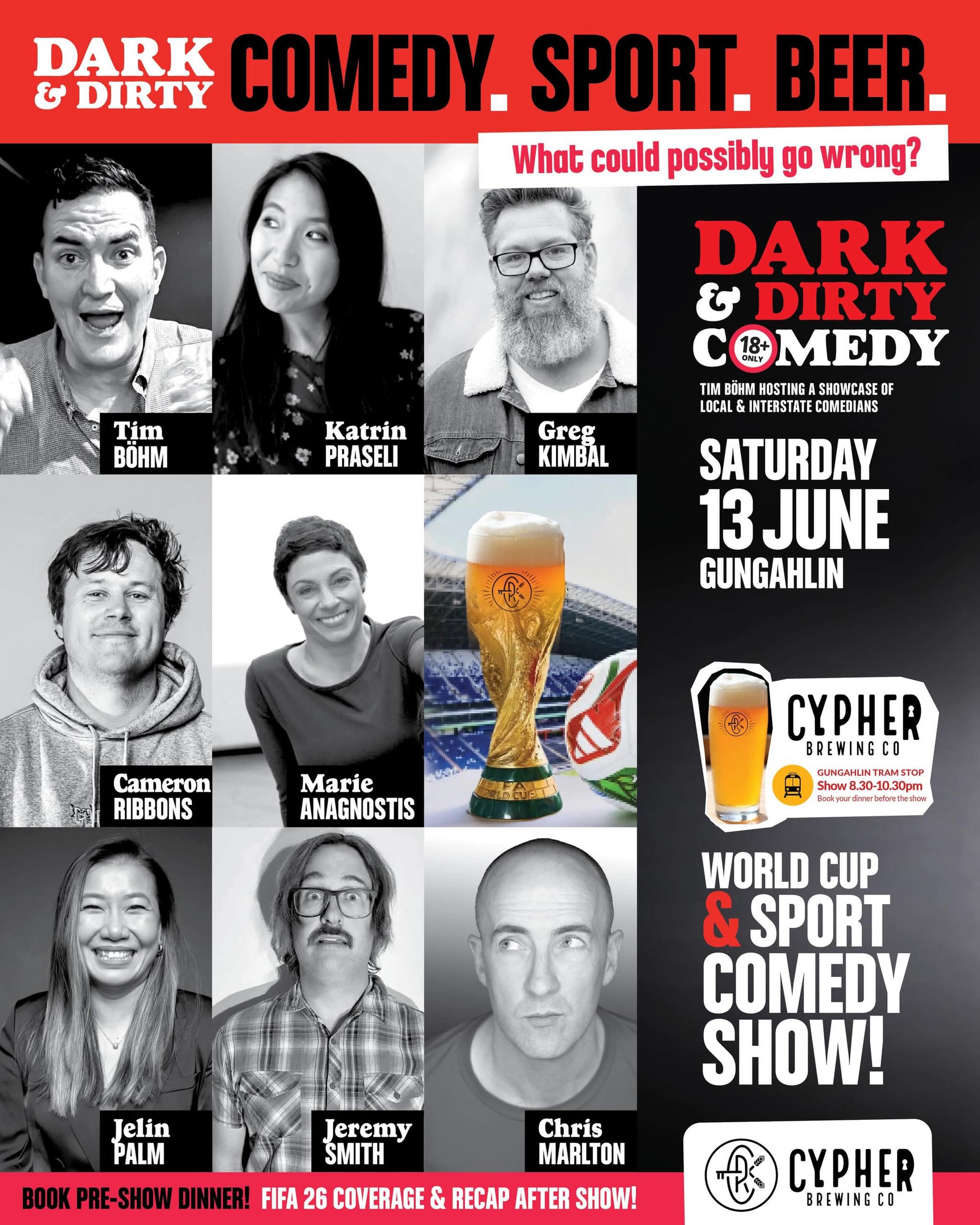 Early bird tix END MIDNIGHT TONIGHT 🎃

Like laugh? Like sport? Even 50% of these things 🤷🏻&zwj;♀️

Then you will thoroughly enjoy (at least 50% of the time) Dark &amp; Dirty Comedy THIS SATURDAY NIGHT @cypherbrewingco 

Click the link in bio to sa