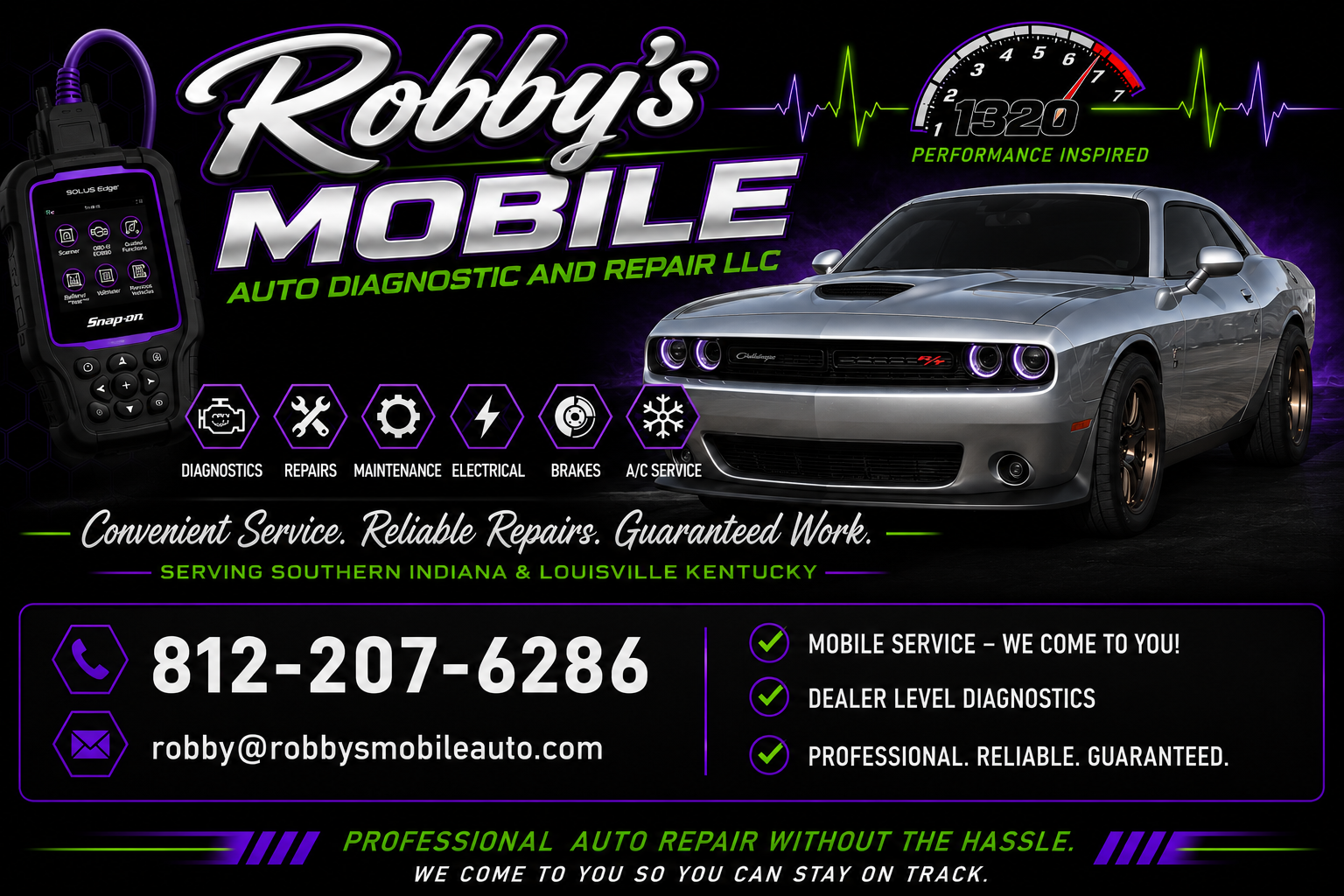 Advertisement for Robby's Mobile Auto Diagnostic and Repair LLC, featuring a gray Dodge Challenger with purple accent headlights, displaying contact information, icons for diagnostics, repairs, maintenance, electrical work, brakes, air conditioning service, and text emphasizing reliable, professional service in southern Indiana and Louisville Kentucky.