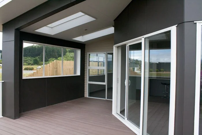 Outside entertaining space of new build home in Belmont, Wellington designed by Intelligent Designs