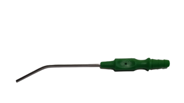 A metal tool with a thin, curved metal tip and a green plastic handle.