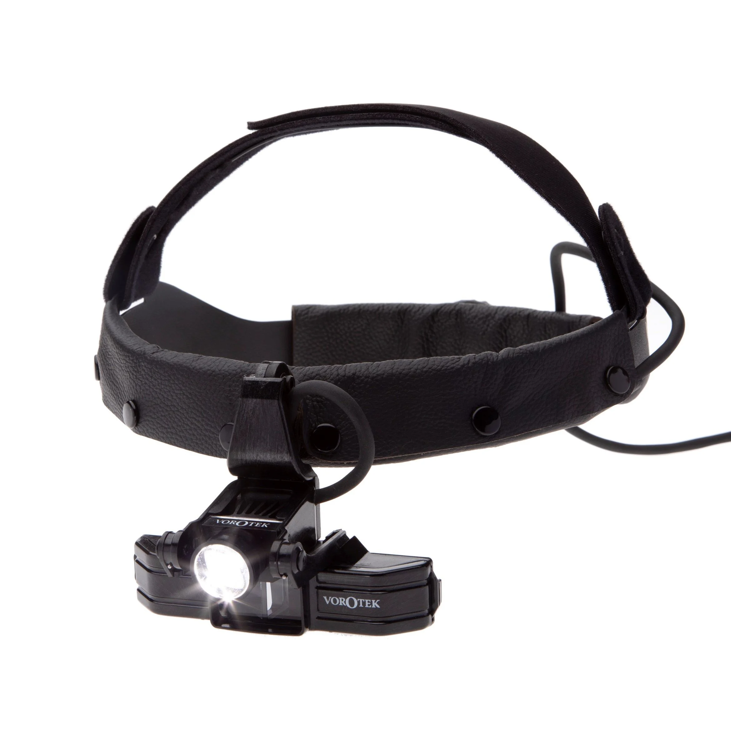 Close-up of a black headlamp attached to a black band with the brand name Vorotek visible.