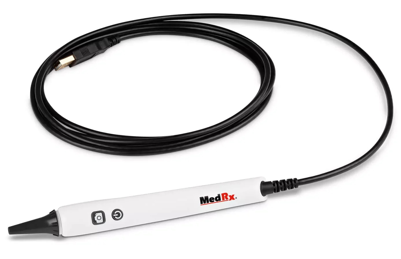 Medical device with a white body labeled 'MedRx' attached to a long black cable and a black probe tip.