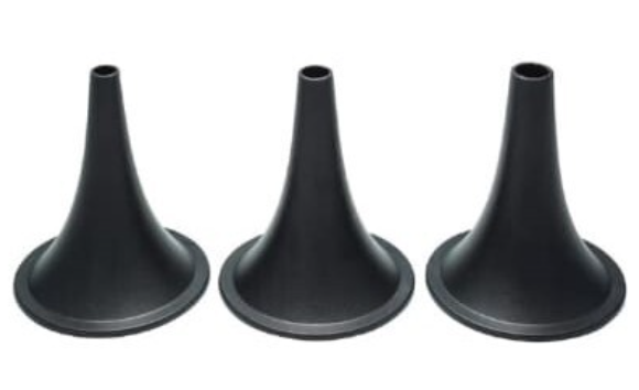 Three black traffic cones in a row on a white background.