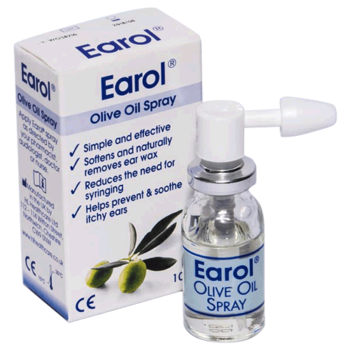 A box and bottle of Earlol Olive Oil Spray for ear care, with the box displaying olive images and product details.