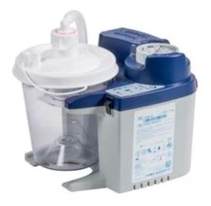 Medical device with a white and blue design, featuring a transparent container and control panel with buttons and dials, likely used for treatments like dialysis.