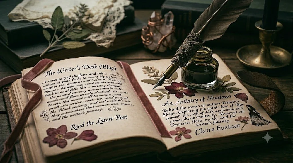 Open book with handwritten text, surrounded by vintage writing tools, dried flowers, leaves, and a candle holder, creating a cozy, artistic desk scene.