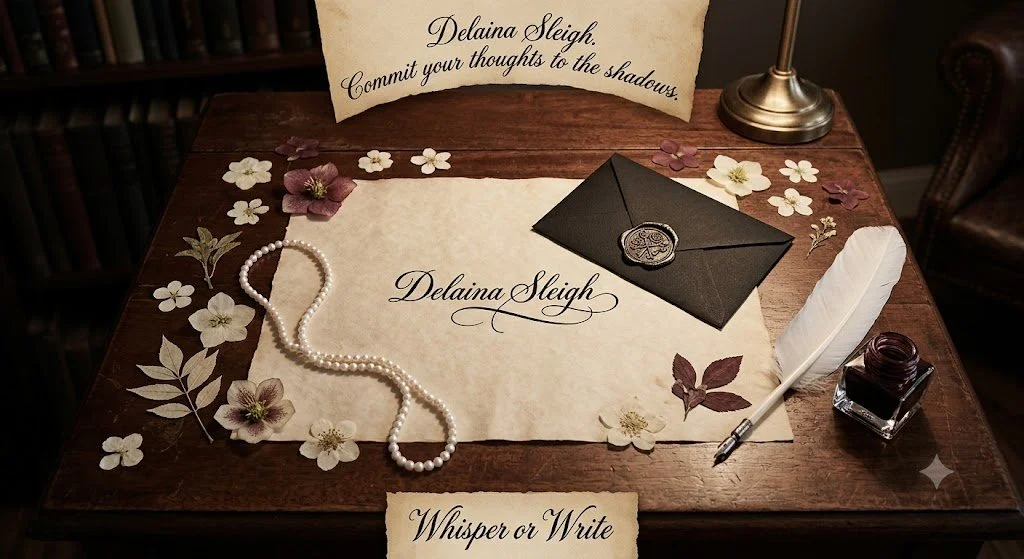 A vintage-style writing desk with a letter, ink, quill, pearl necklace, and flower embellishments. There is also a sign with the name Delaina Sleigh and a quote, "Commit your thoughts to the shadows."