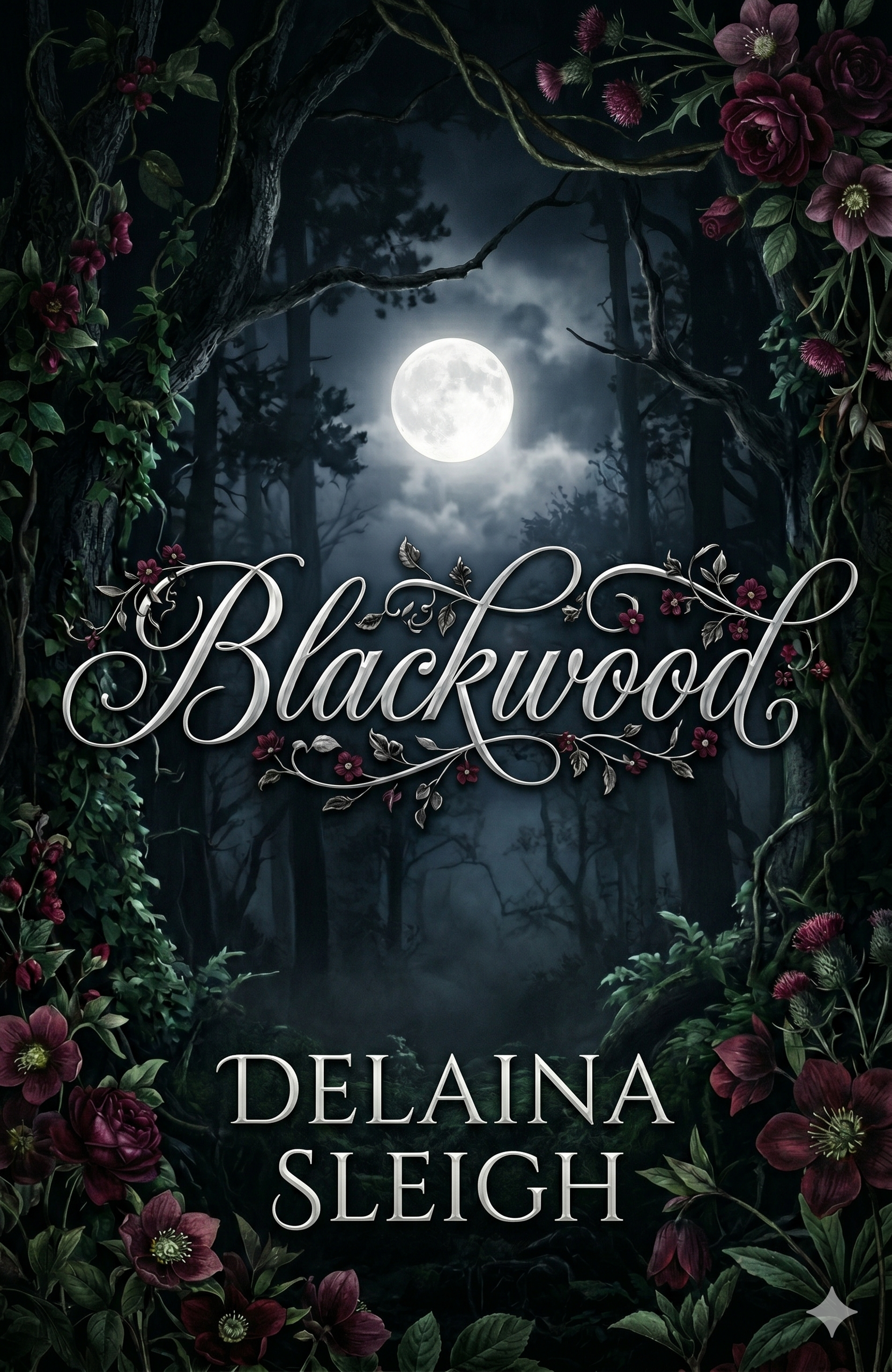 A dark forest scene at night with a full moon in the sky, framed by twisting tree branches and surrounded by purple flowers and green foliage. The title 'Blackwood' is written in elegant cursive across the lower part of the image, with the author’s name, Delaina Sleigh, beneath it.