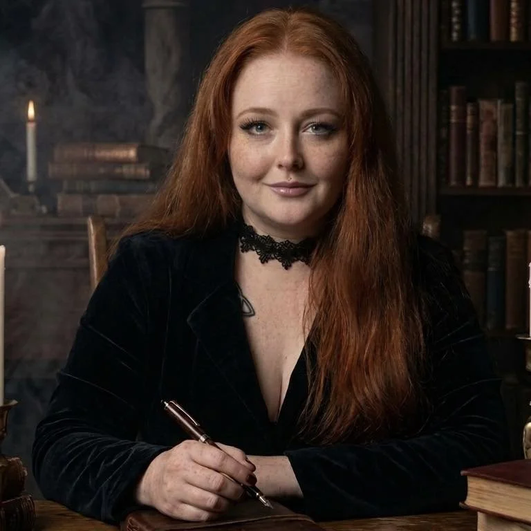 A woman with long red hair, wearing a black lacy choker and black velvet blazer, sitting at a wooden desk with an open book, in a dimly lit, vintage-style room with bookshelves and candles.