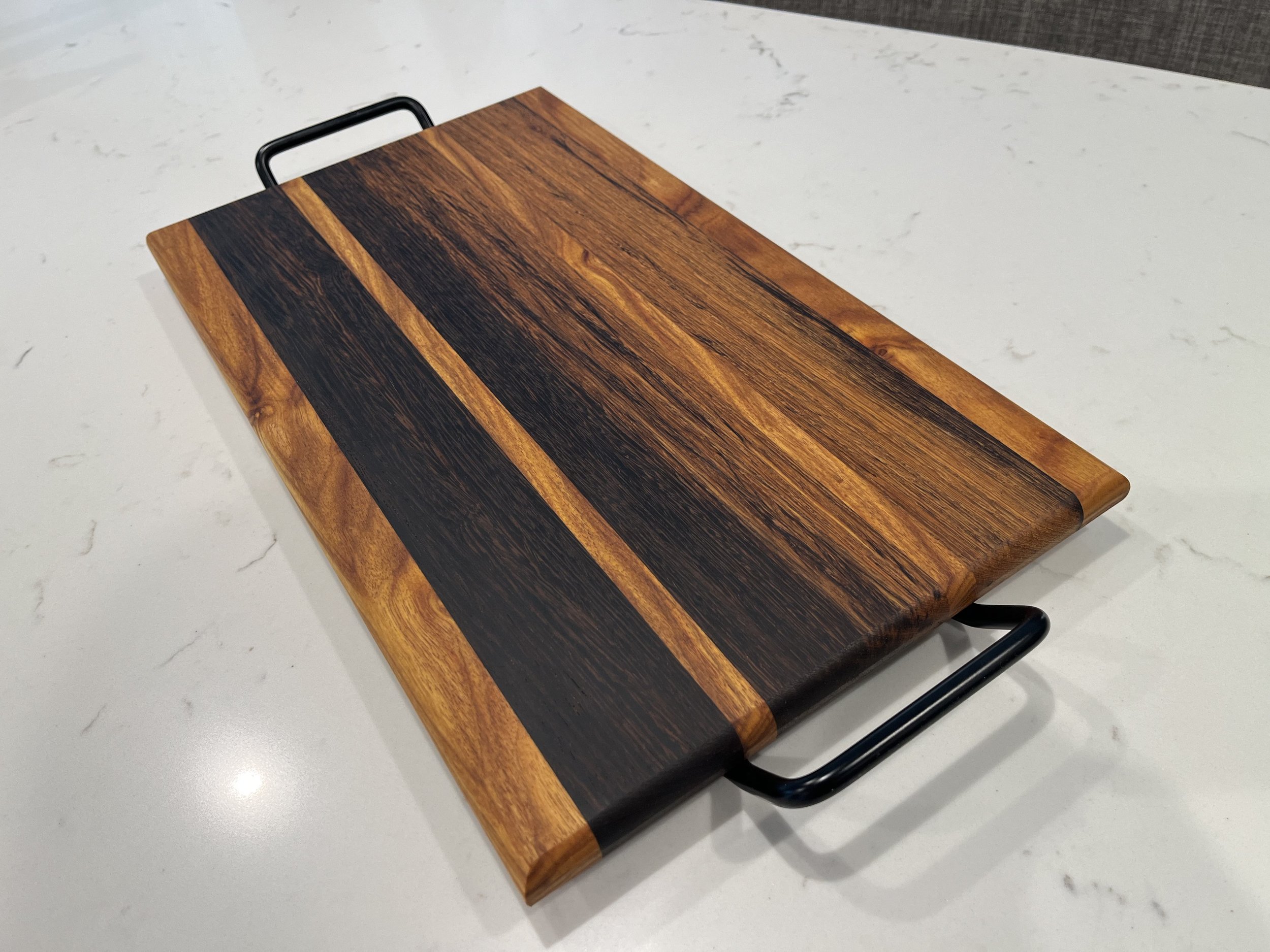 African Wenge and Canary Hardwood Serving Board with Metal Handles