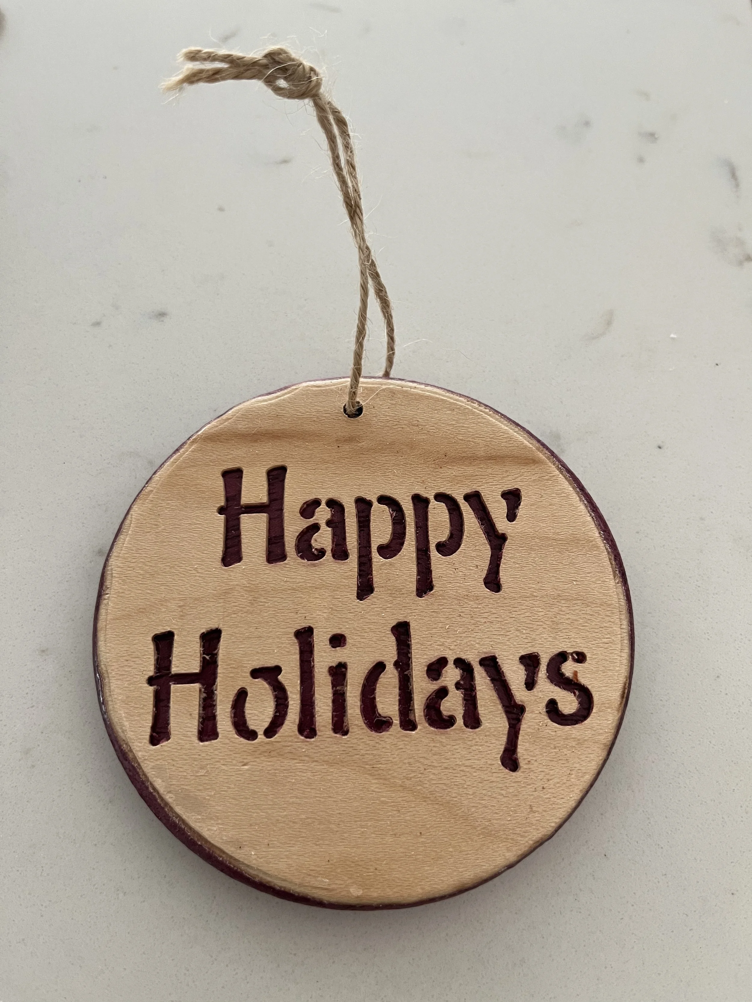 Ornament-Happy Holidays-Purpleheart-Maple vaneer.jpeg