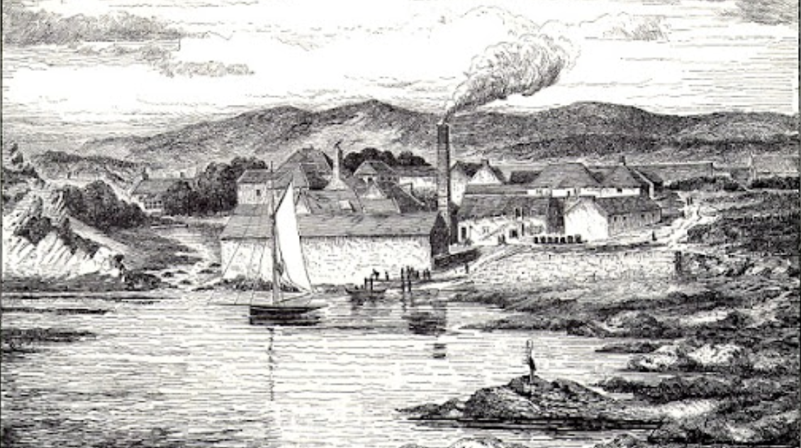A black and white sketch of the Isle of Islay and Lagavulin Distillery near a river, with a sailboat in the water and a man fishing on a rock in the foreground.