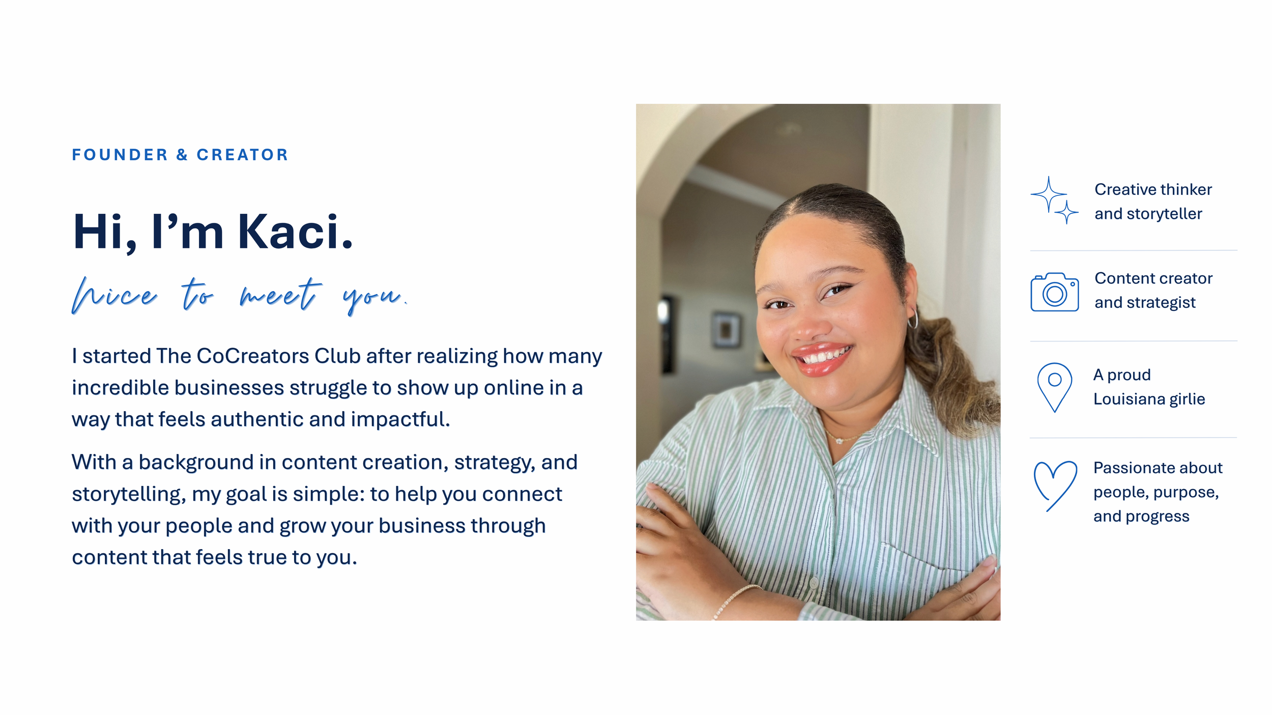 Founder introduction section featuring Kaci Riley, founder of The CoCreators Club, alongside a portrait and a brief introduction highlighting her passion for helping local businesses grow through authentic content strategy and storytelling.