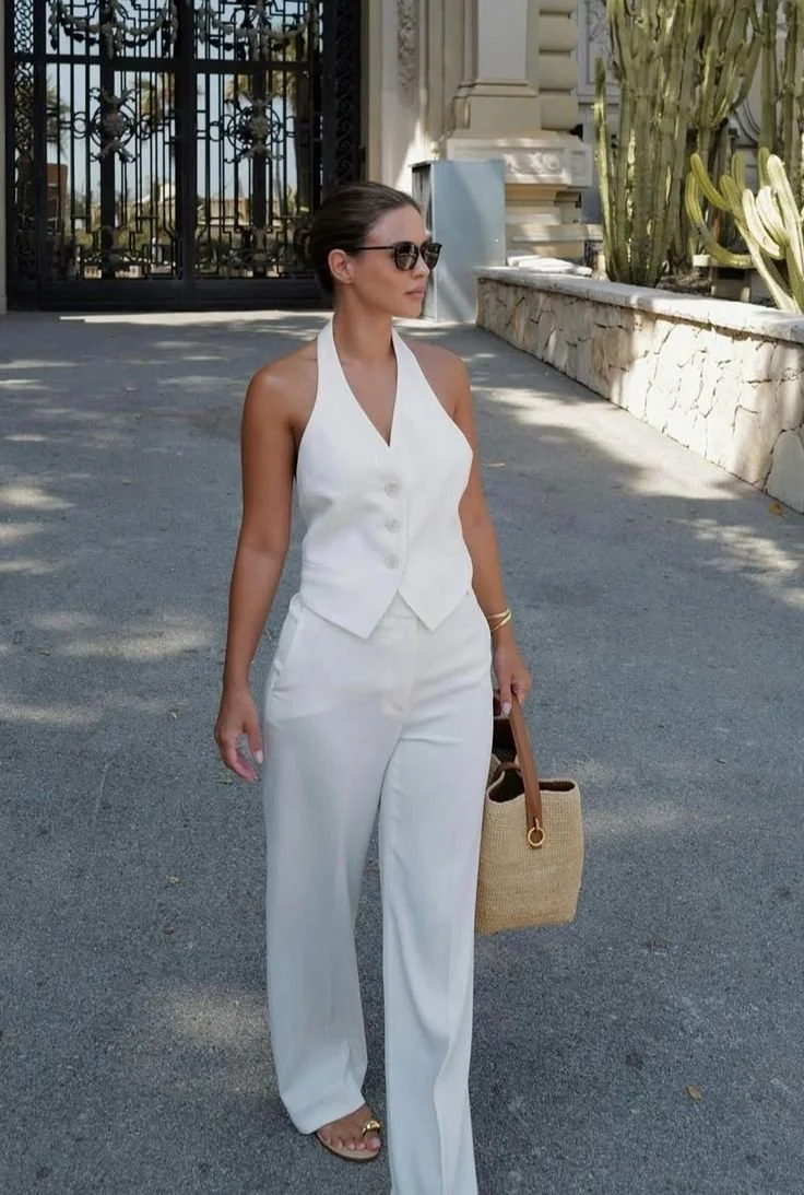Elegance White Halter Vest & Pants Set